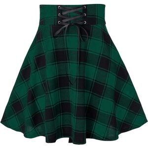 Green Plaid Skirt with Lace-Up Detail
